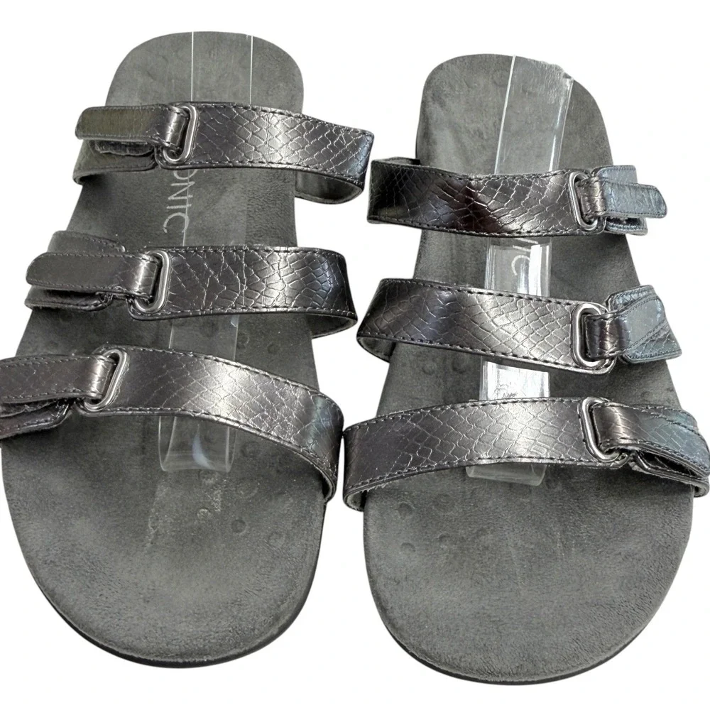 Vionic Aubrey Womens‎ Sandals Pewter Metallic Snakeskin Orthotic Slides 7